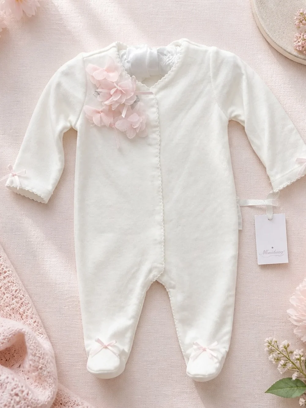 Cream Baby Footed One-Piece with Pink Floral Detail And Tulle Frill At The Back